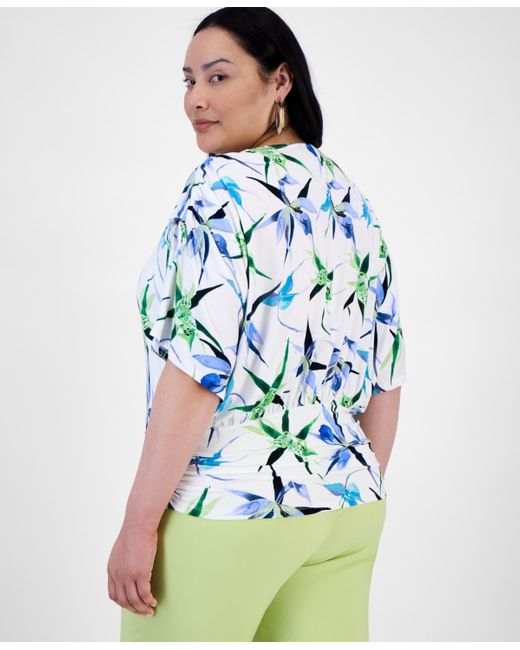 INC International Concepts Blue Plus Size Printed Ruched Short-sleeve Top