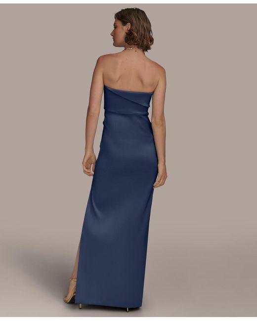Donna Karan Blue Ruched Strapless Gown