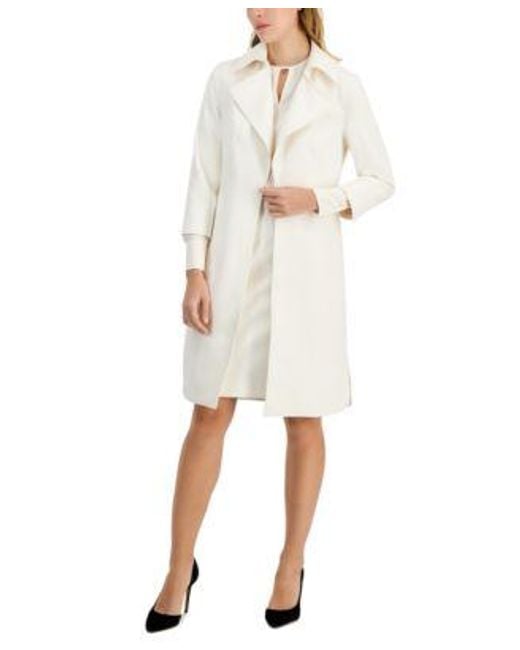 Anne Klein White Long Sleeve Cut Out Blouse Pintuck Back Zip Pencil Skirt Wide Collar 3 4 Sleeve Kissing Coat Topper