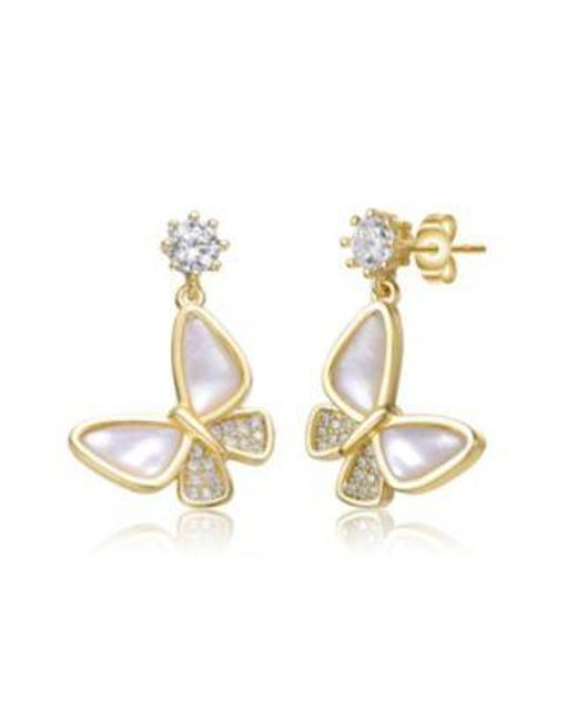 Rachel Glauber Metallic 14k Plating With Mother Of Pearl Clear Cubic Zirconia Butterfly Drop Earrings