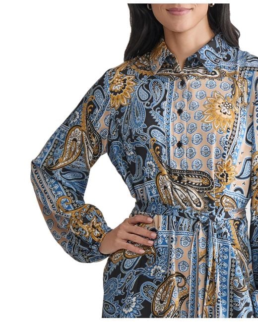 Jones New York Blue Collared Paisley Tie-waist Shirtdress