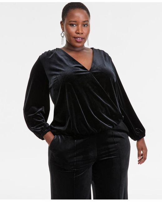 INC International Concepts Black Plus Size Velvet V-neck Top