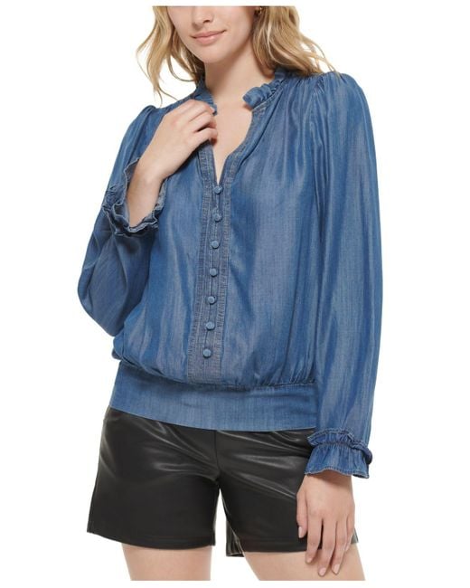 Karl Lagerfeld Scalloped-neck Button-down Blouse in Blue | Lyst