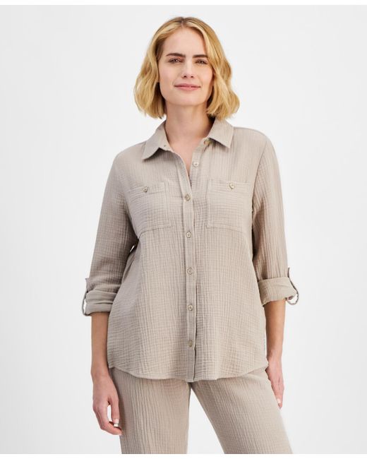 Calvin Klein Gray Petite Cotton Button-front Roll-sleeve Shirt