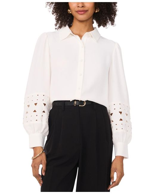 Vince Camuto White Embroidered-inset Blouson-sleeve Button-front Top