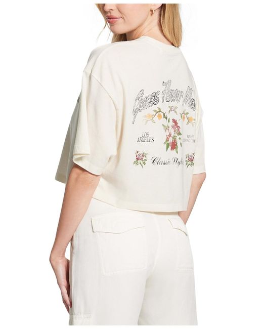 Guess White Flower Market Embellished Cropped T-shirt
