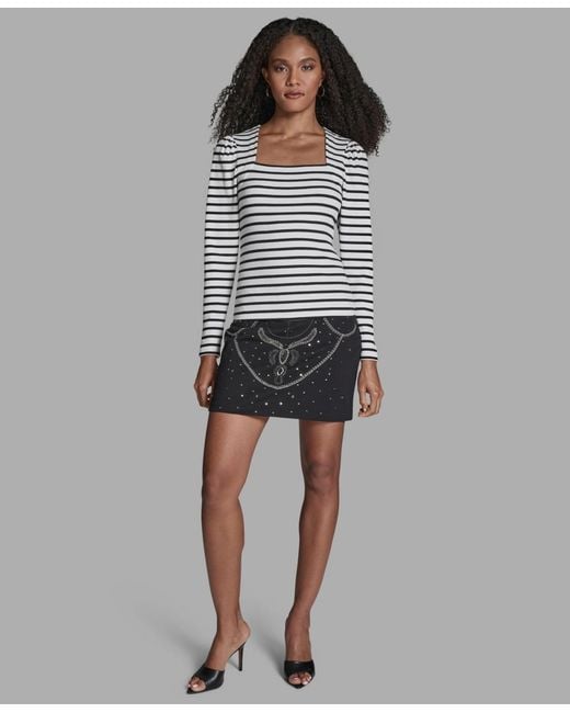 BCBGMAXAZRIA Gray Stripe Square Neck Long-sleeve Top