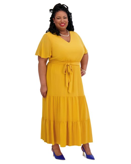 Kasper Yellow V-neck Flutter-sleeve Maxi Dress