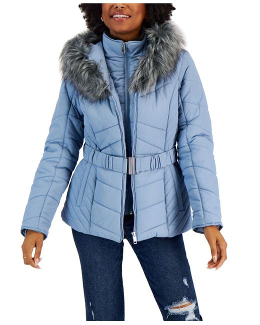Maralyn & Me Blue Juniors' Belted Faux-fur-trim Hooded Puffer Coat, Created For Macy's
