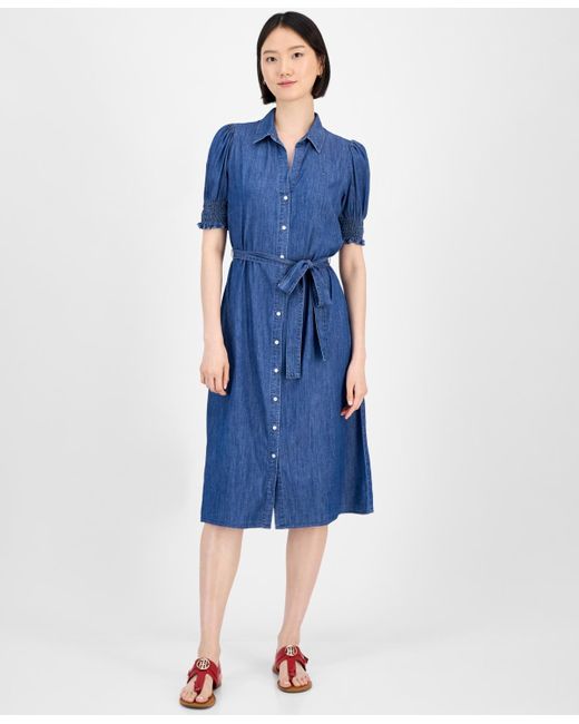 Tommy Hilfiger Blue Chambray Puff-sleeve Midi Dress