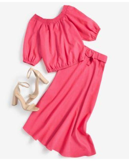 INC International Concepts Pink Smocked Off The Shoulder Blouse Belted A Line Midi Skirt Created For Macys