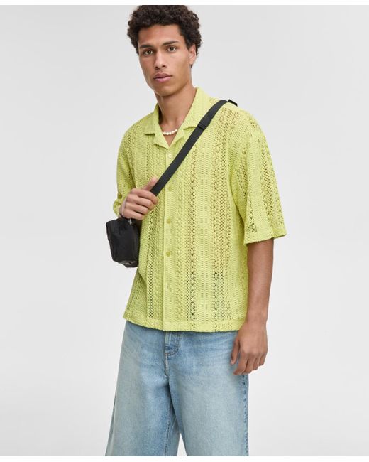 Mode Of One Green Relaxed-fit Textured Crochet Button-down Camp Shirt for men