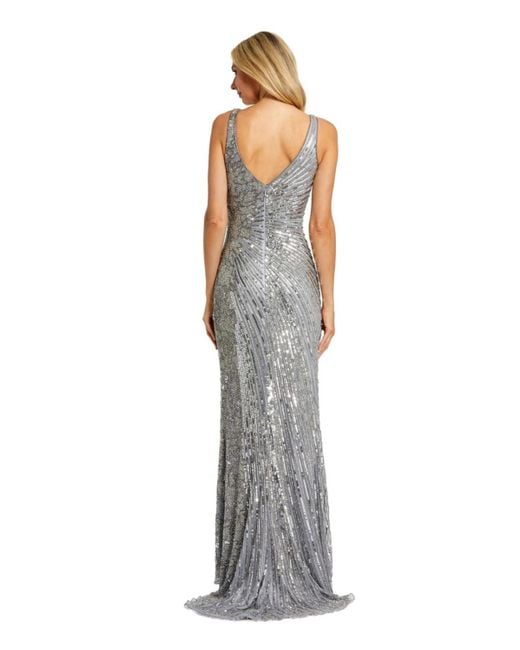 Mac Duggal White Beaded Floral Sleeveless Gown