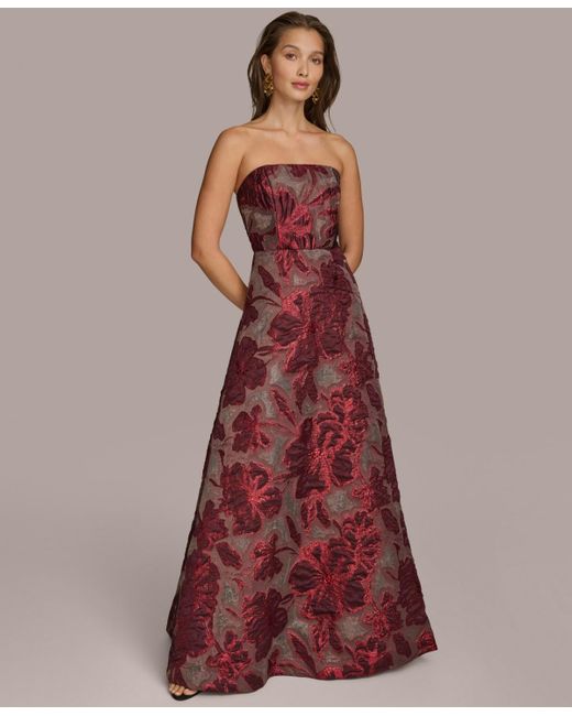 Donna Karan Strapless Jacquard Ball Gown in Red