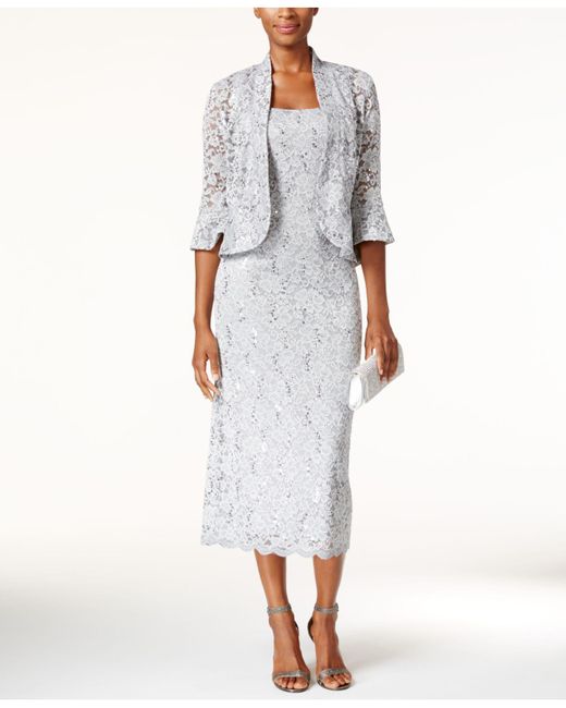 R & M Richards Metallic Sequined Lace Midi Dress And Jacket