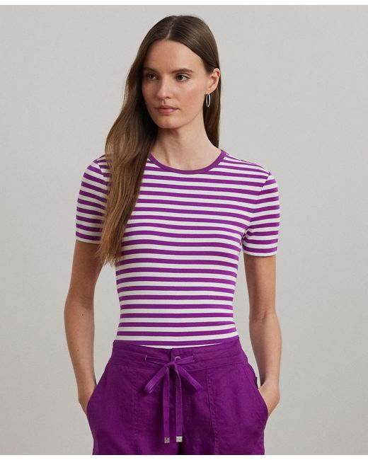 Ralph Lauren Purple Petite Striped Stretch Cotton Crewneck Tee