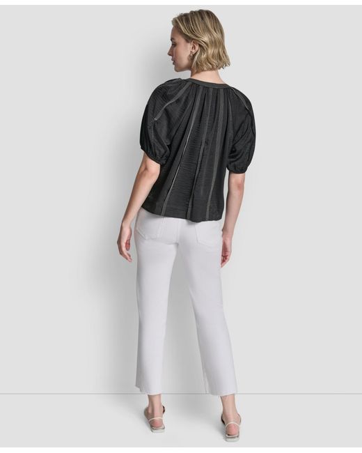 DKNY Black Puff-sleeve Top Stitch Tie Front Blouse