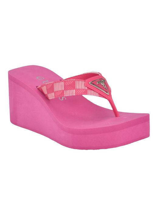 Guess Pink Demmey Logo Thong Square Toe Wedge Sandals