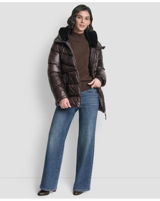 DKNY Brown Shine Hooded Puffer Coat