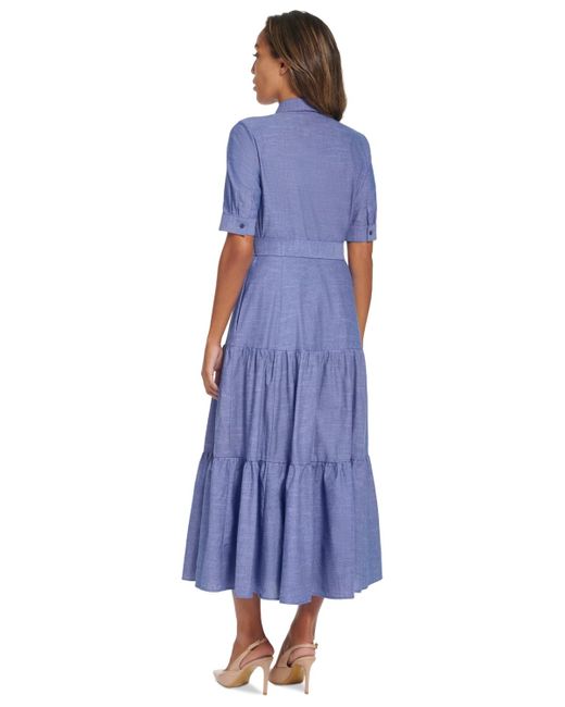 Calvin Klein Blue Cotton Chambray Shirt Dress With Tie Belt
