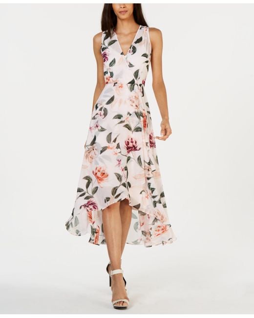 Calvin Klein Pink Floral-print High-low Wrap Maxi Dress