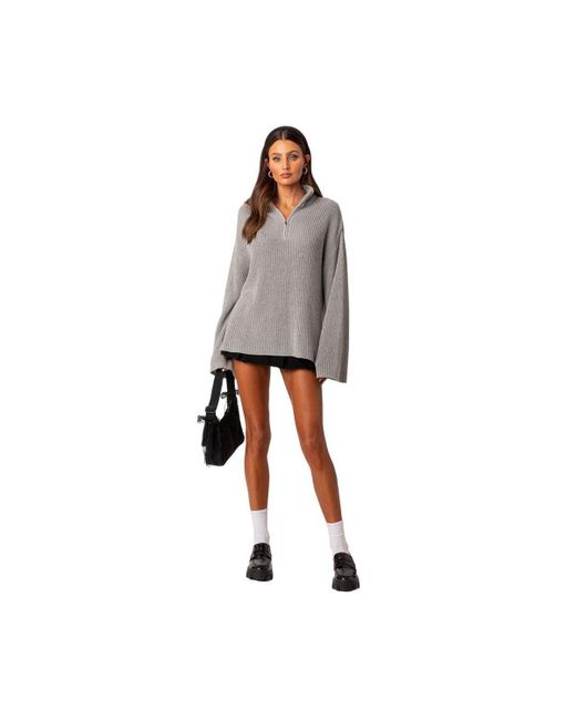 Edikted Oversized Quarter Zip High Neck Rib Sweater in Gray