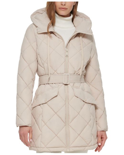 Calvin Klein Synthetic Hooded Belted Diamond Quilted Coat in Natural | Lyst