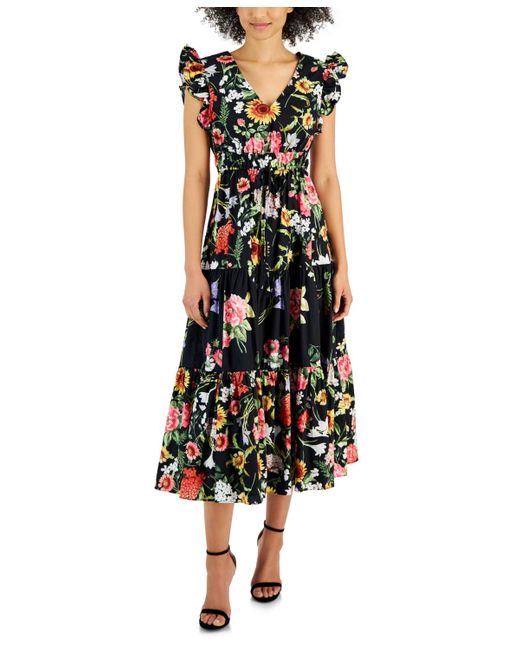 Anne Klein Black Cotton Floral-print Tie-waist Midi Dress