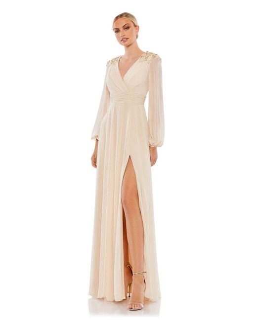 Mac Duggal White Ieena Embellished Shoulder Blouson Sleeve Evening Gown