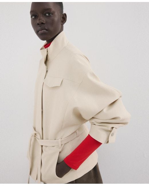 Mango Natural High Neck Belted Jacket