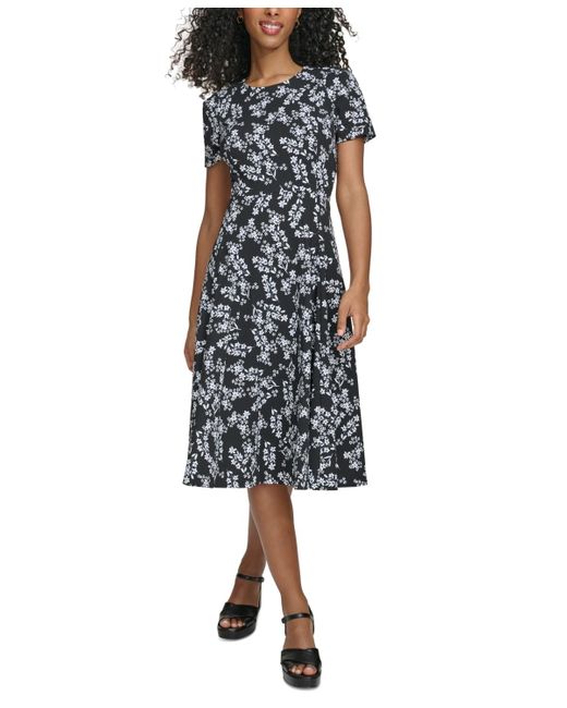 Calvin Klein Black Floral-print Scuba-crepe Midi Dress