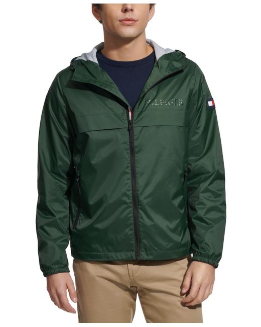 Tommy Hilfiger Green Stretch Hooded Zip-front Rain Jacket for men