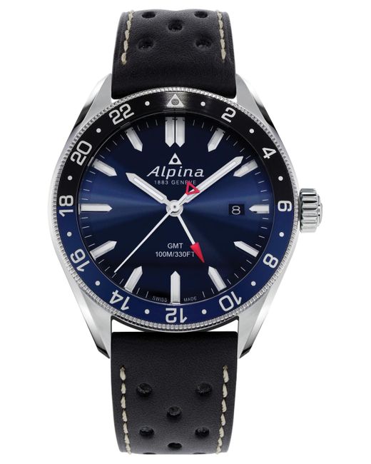 Alpina Black Swiss Alpiner Perforated Leather Strap Watch 42mm for men