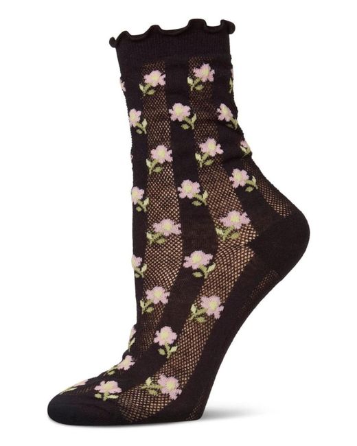Memoi Black "ditsy Floral" Cotton-rich Mini-net Ruffle-edge Ankle Sock