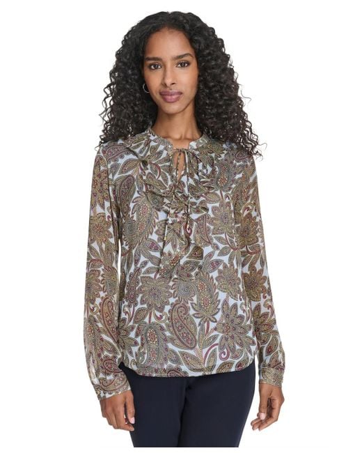 Tommy Hilfiger Gray Paisley Ruffle Long Sleeve Blouse