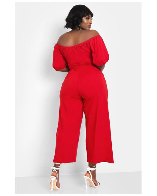 Rebdolls Red Plus Size Peasant Top Wide Leg Jumpsuits W. Pockets