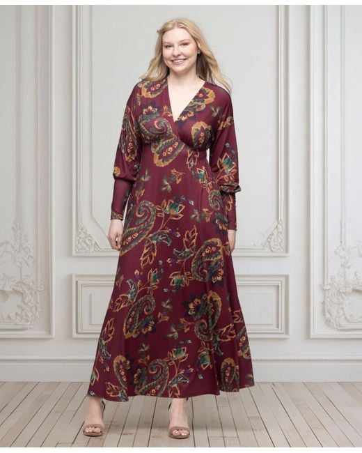 24seven Comfort Apparel Red Wine Paisley Print Sleeve A Line Maxi Dress