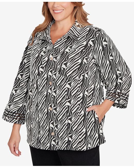 Ruby Rd Gray Plus Size Zebra Collared Knit Swing Jacket