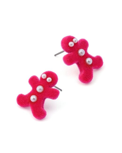 Betsey Johnson Red Faux Cultivated Pearl Santa Baby Gingerbread Stud Earrings