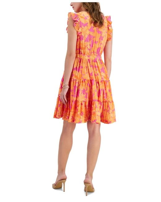 Taylor Orange Petite Printed Chiffon Tiered A-line Dress