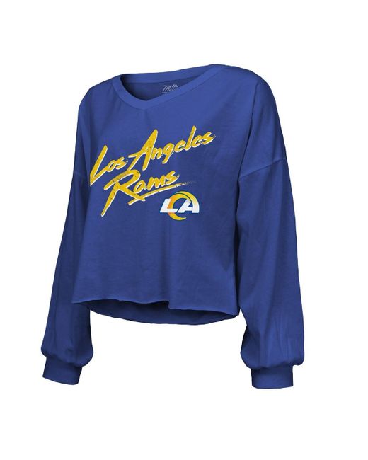 Majestic Blue Threads Puka Nacua Los Angeles Rams Off-shoulder Script Player Name Number Cropped Long Sleeve V-neck T-shirt