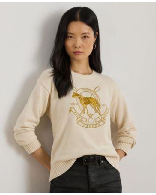 Ralph Lauren Natural Embroidered Crewneck Knit Sweater P Xs Xxl