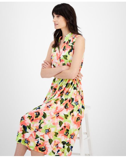 Anne Klein Metallic Petite Jenna Floral-print Drawstring-waist Dress