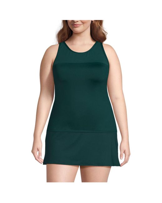Lands' End Green Plus Size Chlorine Resistant Smoothing Control Mesh High Neck Tankini Swimsuit Top