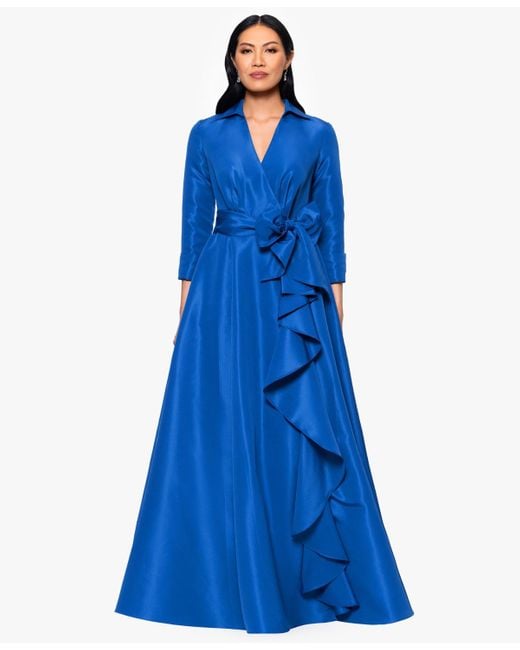 Betsy & Adam Blue Taffeta Ruffled Long Wrap Dress