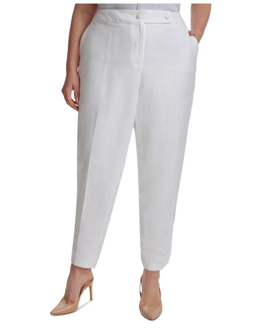 Calvin Klein White Plus Size Linen-blend Slim-leg Tab-waist Pants