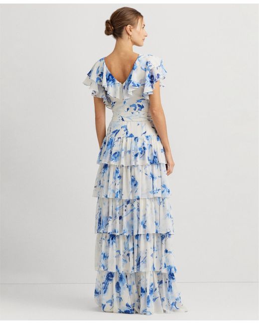 Lauren by Ralph Lauren Blue Belted Tiered Floral Gown