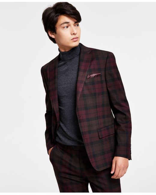 Bar Iii Slim-fit Burgundy Plaid Suit Separate Jacket, Created For Macy ...