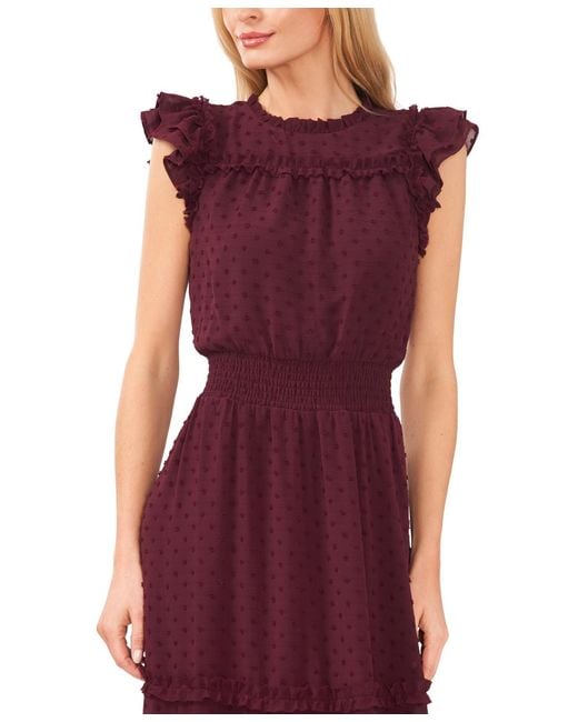 Cece Red Ruffled Flutter Sleeve Swiss Dot Midi Dress