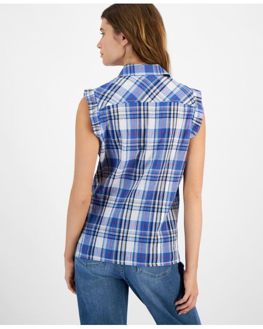 Tommy Hilfiger Blue Plaid Collared Sleeveless Top